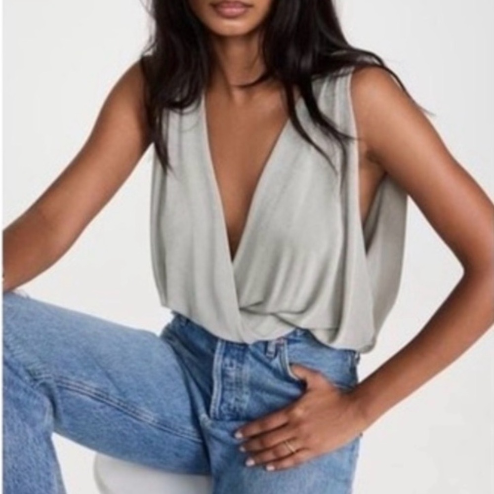 Free People Soft Gray V-Neck Night Owl wrap  Bodysuit (color oxide)